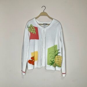 Coldwater Creek Cardigan Womens White Fruit Motifs vintage 90s size S EUC